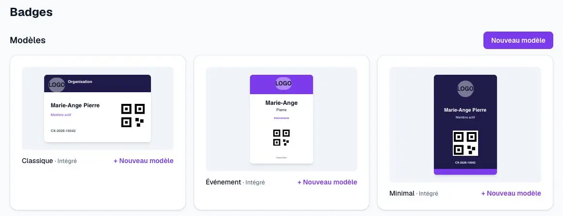 Modèles de badges avec QR code dans l'administration