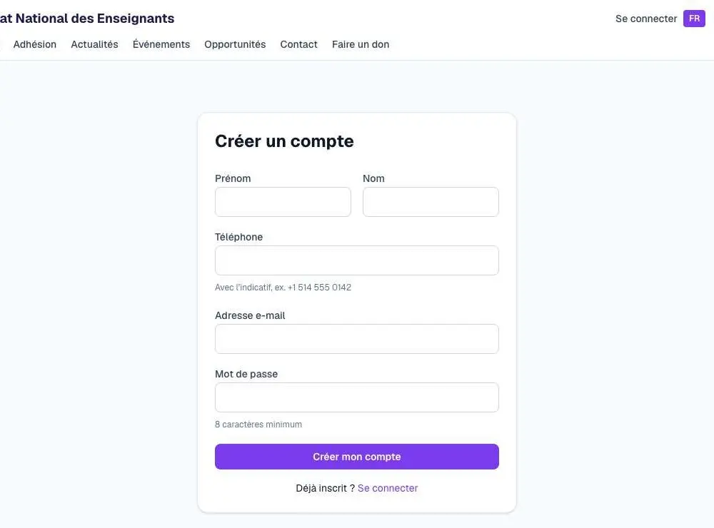 Page d'inscription d'un site client : le membre crée lui-même son compte